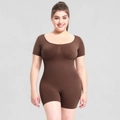 Kurzärmeliger Shapewear-Body in Dunkelbraun mit gerippter Textur für Damen - S / Braun