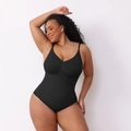 Detail of black seamless bodysuit featuring a V-neck and adjustable spaghetti straps - S / Black