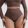 Detail of coffee brown seamless ribbed knit crop top and high waist shaping brief - S / Thong / Brown