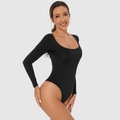 Slim fit black long sleeve bodysuit for women featuring a deep U-neck and high-cut leg - 3XL / Top (38229) / Black