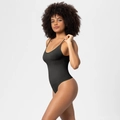 Seamless black bodysuit shaper for women with spaghetti straps and ribbed texture design - S / Top And Bottom (Thong Style) / 1 Piece / Black
