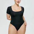 Short sleeve square neck black bodysuit made from soft elastic stretch fabric - 3XL / Short Sleeve Square Neck Top (37314) / Black