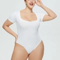 Slim fit white short sleeve bodysuit with square neck design for women in plus size - 3XL / Short Sleeve Square Neck Top (37314) / White