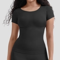 Top corsé negro de manga corta sin costuras con textura transpirable y cuello redondo - S / Negro