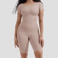 Women's two-piece nude shapewear set with short sleeve top and high waist biker shorts - S / Top And Bottom / Nude