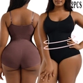 Two-pack of seamless tummy control shapewear bodysuits in black and brown colors - L / Top And Bottom (Briefs Style) / 2PCS / Black & Brown