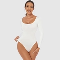 Slim fit white long sleeve bodysuit for women with a round neck and stretchy fabric - 3XL / Top (Long Sleeve) / White