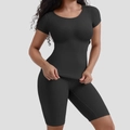 Women's charcoal grey ribbed two-piece yoga set with short sleeve top and biker shorts - S / Top And Bottom / Black