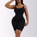 Women's seamless black bodysuit shaper with adjustable straps and tummy control shorts - M / Flat Corner Style / Black