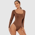 Slim fit long sleeve bodysuit for women in brown with a deep U-neckline and elastic fabric - 3XL / Top (38229) / Brown
