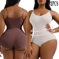Seamless 2PCS shapewear bodysuit set in dark brown and beige with tummy control ribbed waist - M / Top And Bottom (Briefs Style) / 2PCS / Brown + Cool Gray