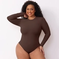 Close-up of slim fit chocolate brown long sleeve bodysuit with elegant round neck - S / Brown