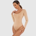 Slim fit long sleeve bodysuit in apricot beige color featuring a scoop neckline - 3XL / Long Sleeve Round Neck Top (38229) / Apricot