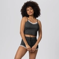 Women's two-piece dark grey ribbed pajama set with white lace trim and drawstring waist - S / Top And Bottom (Camisole Shorts Style) / Black