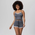 Women dark grey ribbed pajama set with lace trim camisole and drawstring shorts - 3XL / Top And Bottom (Camisole Shorts Style) / Deep Blue Grey