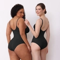 Black seamless body shaper bodysuit with deep U-back design on diverse models - S / Black