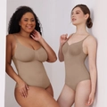 Nude seamless bodysuit with thin straps shown on slim and plus size models for fit - S / Nude