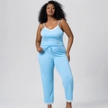 Sky blue ribbed pajama set for women featuring white lace trim and drawstring pants - 3XL / Top And Bottom (Camisole Long Pants Style) / Lake Blue