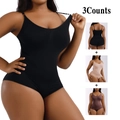 Set of 3 seamless shapewear bodysuits in black beige and brown with ribbed texture - 3XL / Black, Nude and Brown Combo