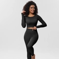 Seamless black yoga set with long sleeve crop top and high waist leggings for fitness - Black Long Sleeve And Bra And Leggings Style