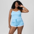 Ensemble pyjama côtelé bleu clair avec caraco à dentelle et short assorti pour femme - S / Haut Et Bas (Style Caraco Short) / Bleu lac