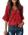 Detail of red V-neck top showing 3/4 ruffles bell sleeves and textured vertical pleats - S / Red