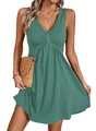 Detail of V-neckline with decorative button and ruched gathering on dark green knit dress - S / Lake Green
