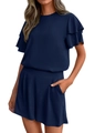 Detail of double-layered flutter sleeves and high-waisted shorts on navy summer set - Navy Blue