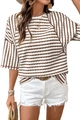 Detail view of the textured striped short-sleeve top with brown and white horizontal patterns - Khaki