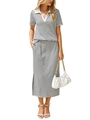 Detail of summer striped two-piece set featuring a polo collar top and side slit maxi skirt - S / White