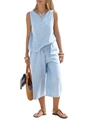 Dettaglio di un set due pezzi a righe blu e bianche con top senza maniche e pantaloni corti - S / Striscia Blu