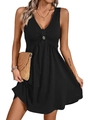 Detailed view of the V-neck with vintage button and pleated texture on a black dress - S / Black