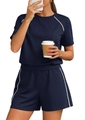 Detail view of navy blue two-piece lounge set with white contrast piping and ribbed texture - Navy Blue