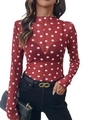 Close-up of sheer burgundy mesh top with white polka dots and mock neck collar detail - S / Red