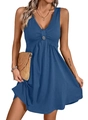 Detail of the V-neckline and decorative button on the dark blue sleeveless mini dress - S / Blue