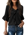 Detail of black V-neck top with ruffled front and tiered three-quarter bell sleeves - S / Black