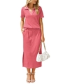 Detailed view of striped pink knit set with V-neck polo top and side slit maxi skirt - S / Pink