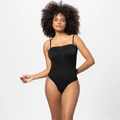 Schwarzer figurformender Body für Damen mit Spaghettiträgern und V-Kompression - M / Schwarzer Tanga-Stil