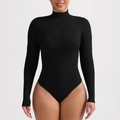Slim fit black ribbed turtleneck bodysuit with long sleeves for women fashion - S / Black