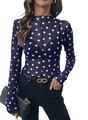 Dettaglio top in mesh blu navy semitrasparente a pois bianchi con collo alto - Blu navy