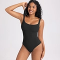 Slimming black double-layer U-neck bodysuit for women with high-cut design and matte finish - S / Black