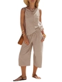 Dettaglio del set estivo a righe in cotone da donna con coulisse e tasca laterale - S / Cachi a Righe