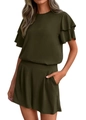 Détail de la manche à volants et du short texturé vert olive à taille haute pour femme - S / Vert Militaire