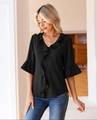 Detail of elegant black blouse featuring ruffled V-neck and textured fabric on casual top - S / Tops / Black
