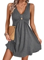 Detail of dark grey V-neck mini dress with wooden button and pleated texture - S / Gray