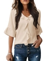 Detalle de la blusa beige con cuello en V y volantes escalonados en la parte frontal - S / Albaricoque