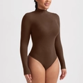 Brown long sleeve mock neck ribbed bodysuit with a slim fit silhouette for women - S / Brown