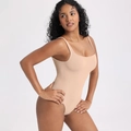 Beige U-neck slimming bodysuit with thin straps and seamless high-elasticity fabric - S / Nude