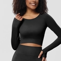 Schwarzes nahtloses Yoga-Set mit langärmeligem Crop-Top und Daumenlöchern für Damen - S / Schwarzes Langarm Einzelstück
