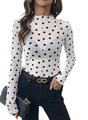 Detail of white sheer mesh top with black polka dots, high neck and ruffled cuffs - S / White